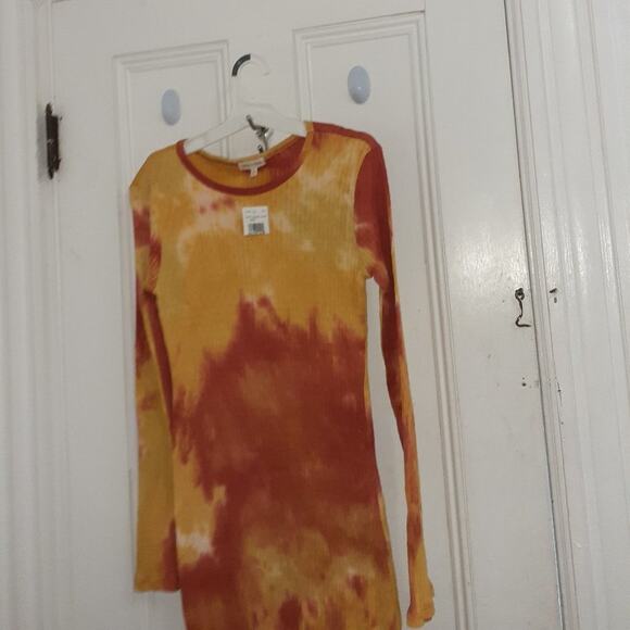 Orange /Rust Tie Dye Ribbed Bodycon Long Sleeve Dress - Picture 2 of 6